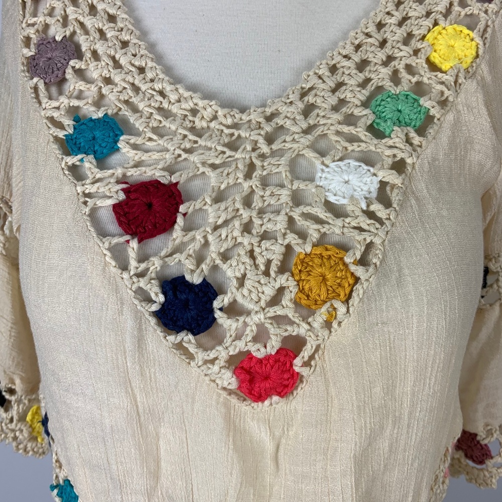 Hippy Boho Small Crochet Blouse Ivory Floral - Picture 2 of 5